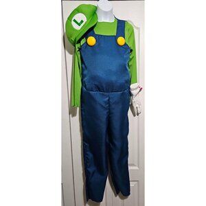 Super Mario Luigi Kids Deluxe Costume 10-12 Plush Belly Hat Gloves Mustache